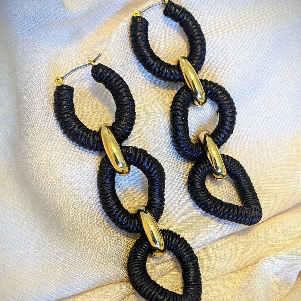 J. Crew Black Raffia Wrapped Circle Dangle Earrings